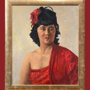 Escuela española (Años 50) - Retrato de dama con vestido