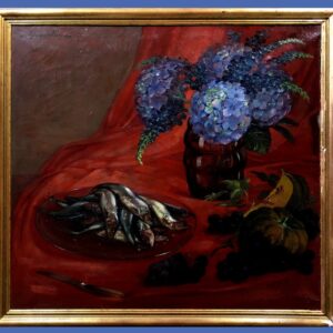 André Vancoillie (1914-1975) - Naturaleza muerta con una bandeja de sardinas e hortensias